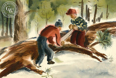 Big Bear Log Cutters, 1948, watercolor painting by Duval Eliot (American art). Original painting and fine art giclée reproduction by California Watercolor for wall decor.