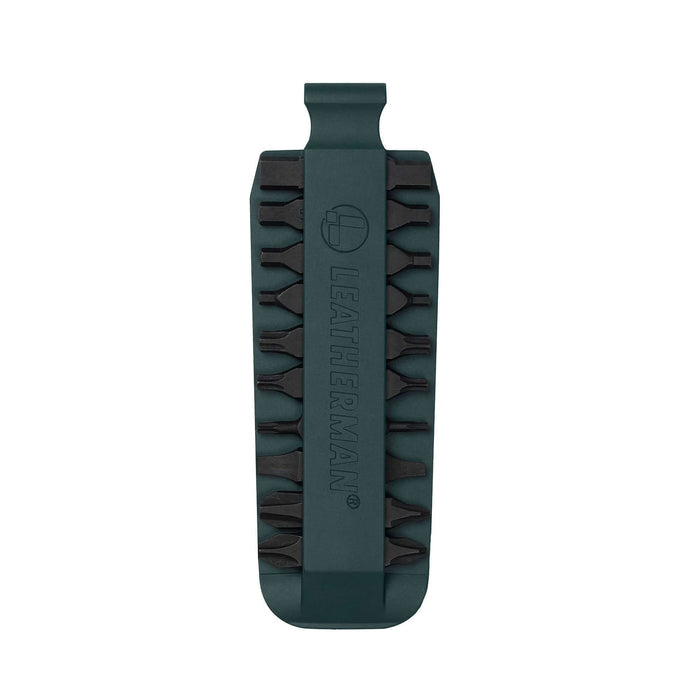 Forest Green Leatherman bit kit holder with multiple interchangeable screwdriver bits arranged on both sides, featuring the Leatherman logo embossed in the center.