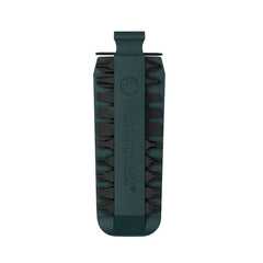 Forest Green Leatherman bit kit holder with multiple interchangeable screwdriver bits arranged on both sides, featuring the Leatherman logo embossed in the center.