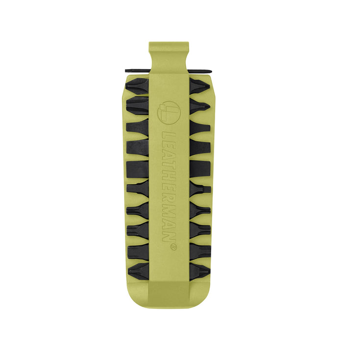 Mojito Leatherman bit kit holder with multiple interchangeable screwdriver bits arranged on both sides, featuring the Leatherman logo embossed in the center.