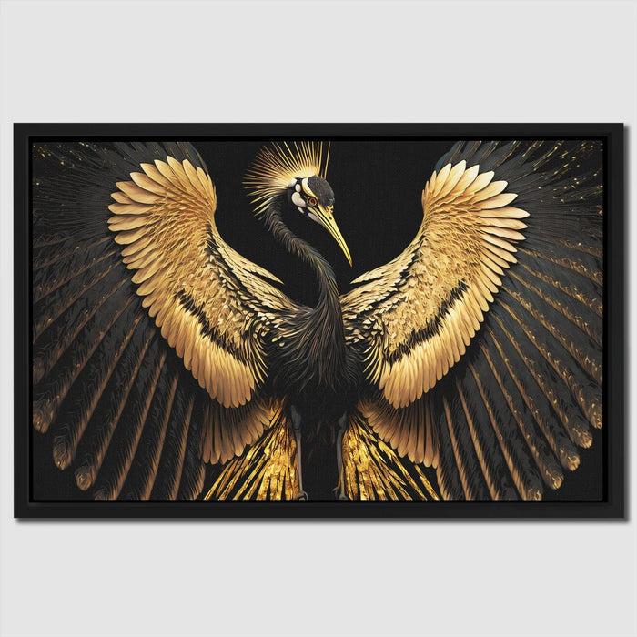 Black and Gold Crane - Crane Wall Art in Black Frame