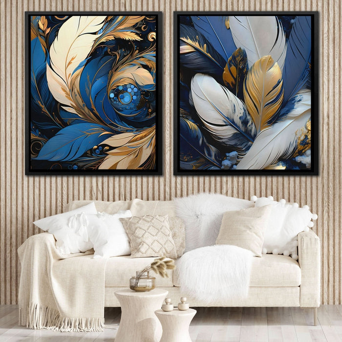 Blue and White Feathers (2) Set - Blue Canvas Wall Art