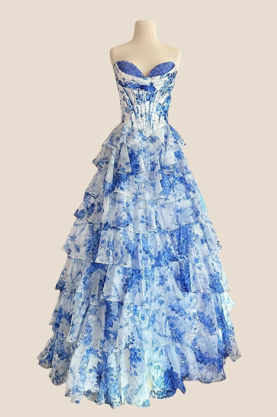 Sweetheart Blue Floral Corset A-line Ruffle Gown