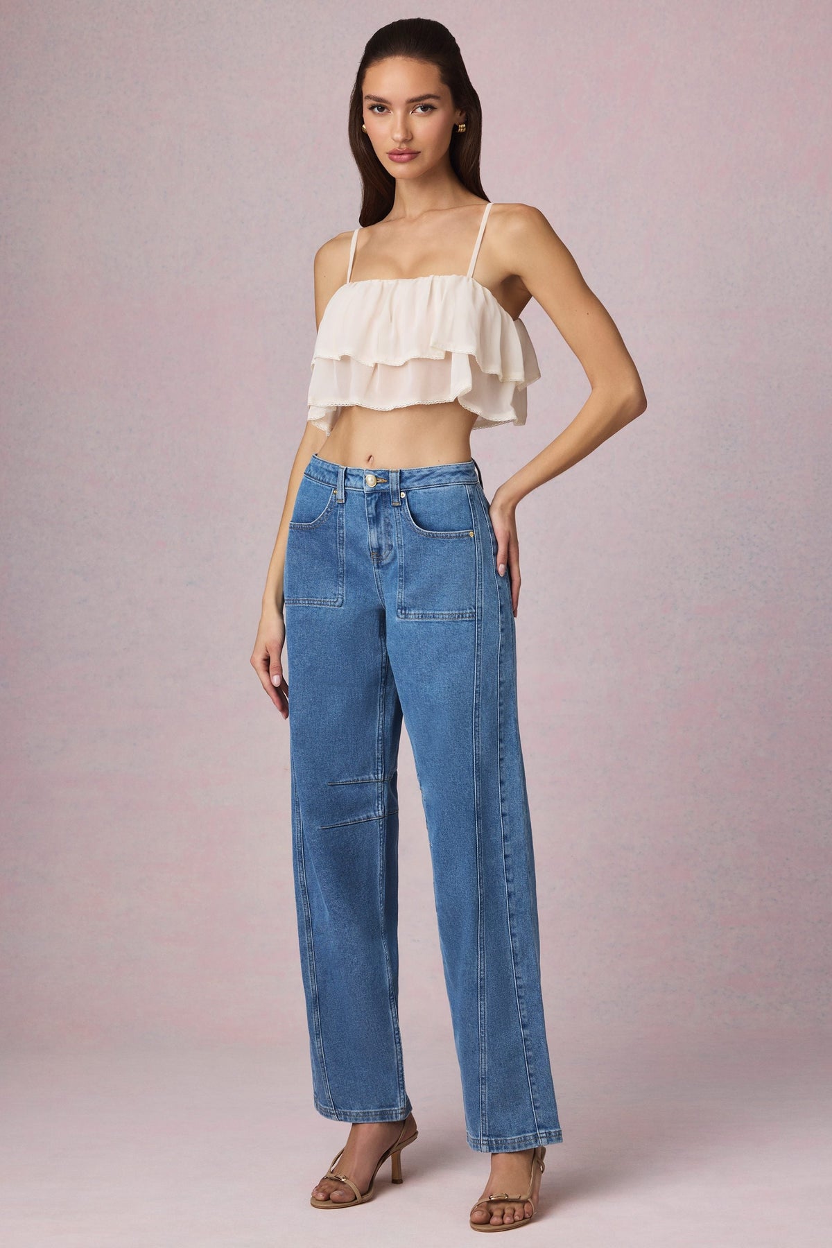 Mid-Rise Barrel-Leg Jeans in Mid-Blue Wash