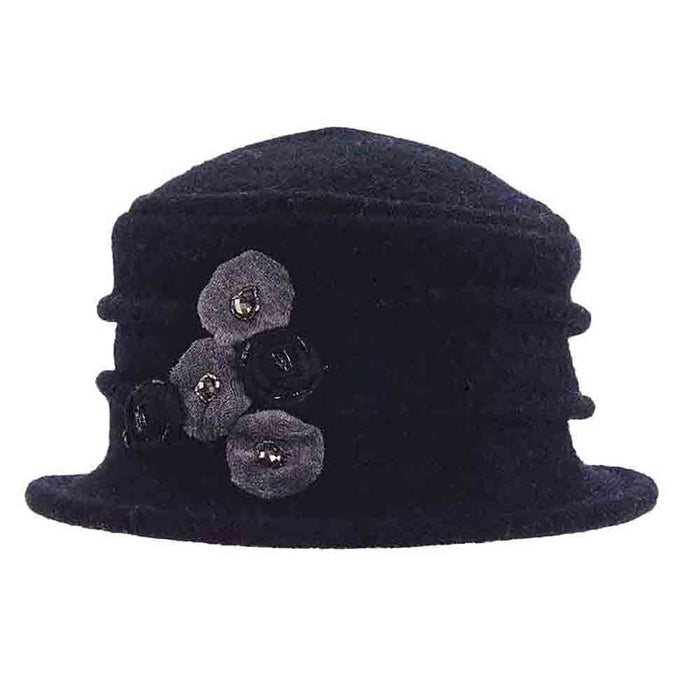 Boiled Wool Beanie Pleated with Rosette - Scala Hats Cloche Scala Hats lw635BK Black