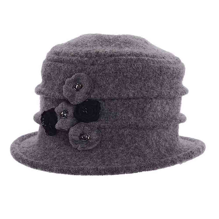 Boiled Wool Beanie Pleated with Rosette - Scala Hats Cloche Scala Hats lw635GY Grey
