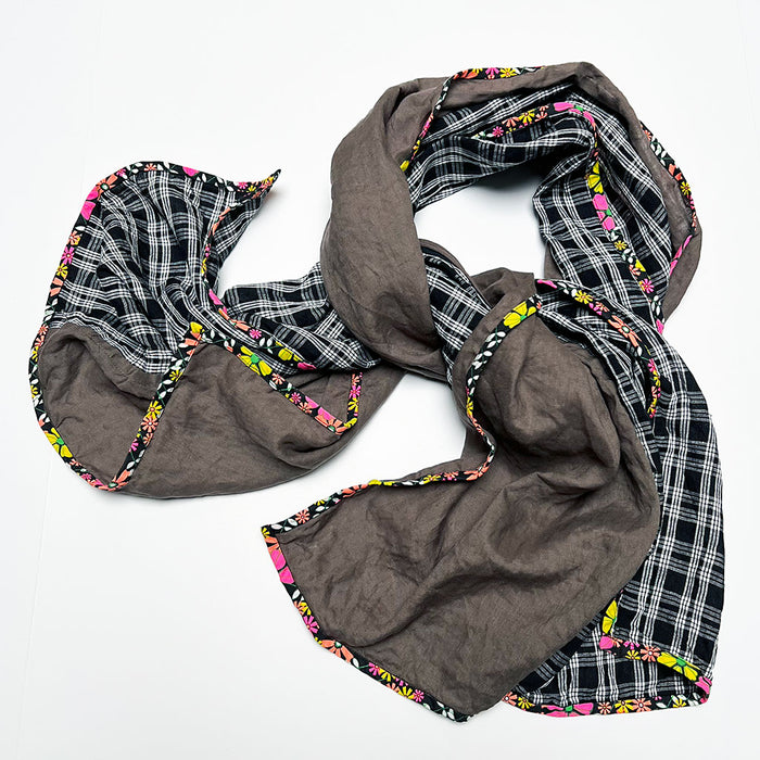 Brown & Black/White Plaid Wide Linen Scarf