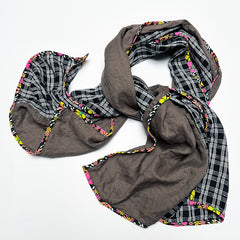 Brown & Black/White Plaid Wide Linen Scarf