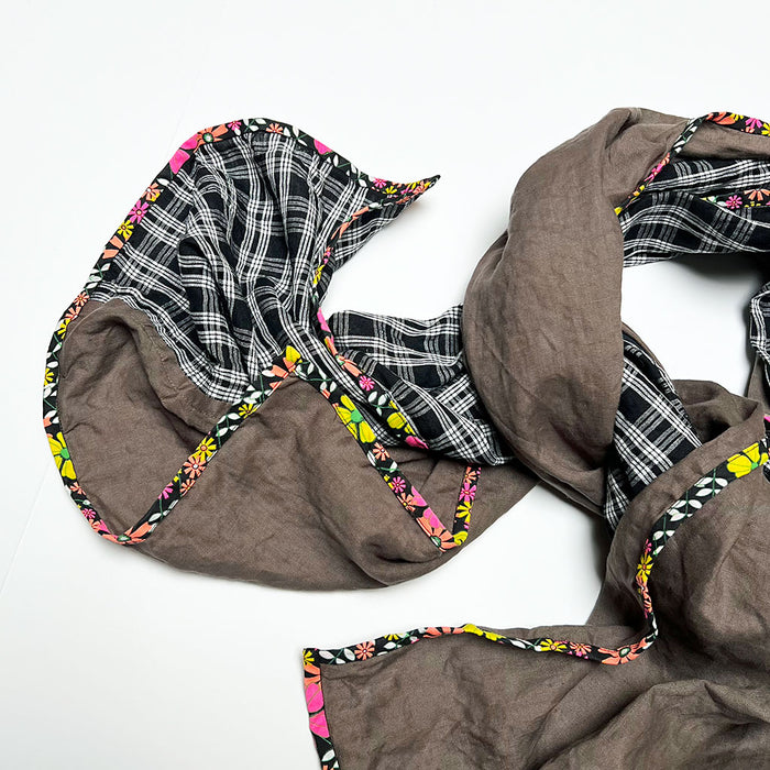 Brown & Black/White Plaid Wide Linen Scarf