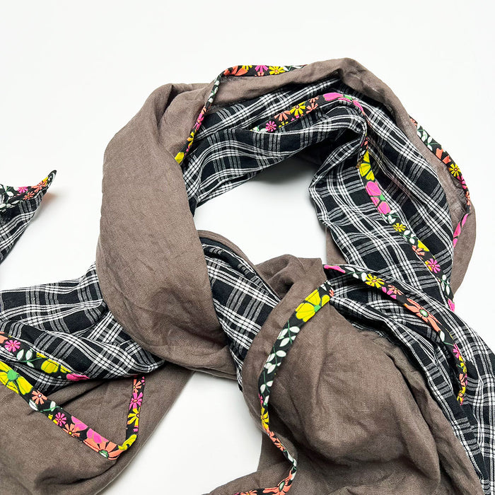 Brown & Black/White Plaid Wide Linen Scarf
