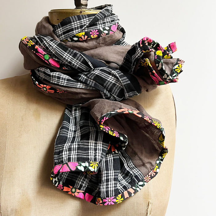 Brown & Black/White Plaid Wide Linen Scarf