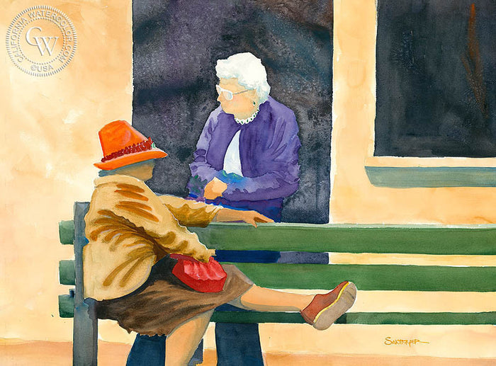Bus Stop, watercolor painting by Steve Santmyer (American art). Original painting and fine art giclée reproduction by California Watercolor for wall decor.