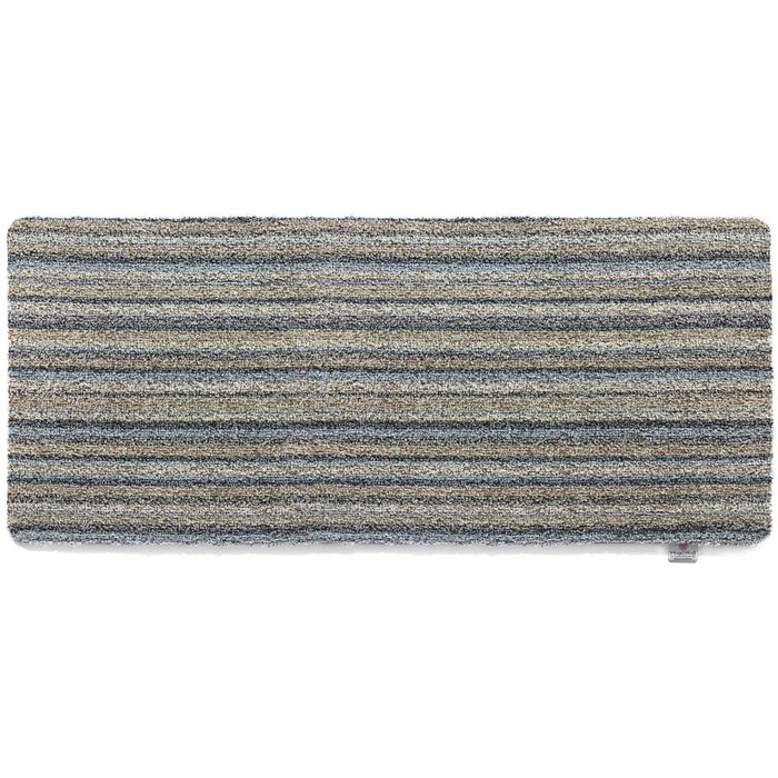 Ribbon Grey Striped Washable Runner- a 100% recycled material runner featuring a subtle striped pattern in shades of beige, light brown, and blue.