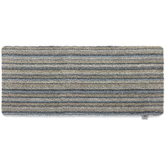 Ribbon Grey Striped Washable Runner- a 100% recycled material runner featuring a subtle striped pattern in shades of beige, light brown, and blue.
