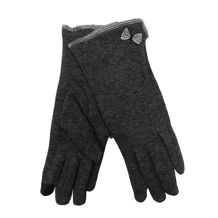 Checkered Trimmed Texting Gloves with Bow Accent Gloves Jeanne Simmons Accessories js7660GY Grey