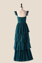 Straps Dark Blue Ruffle Long Bridesmaid Dress