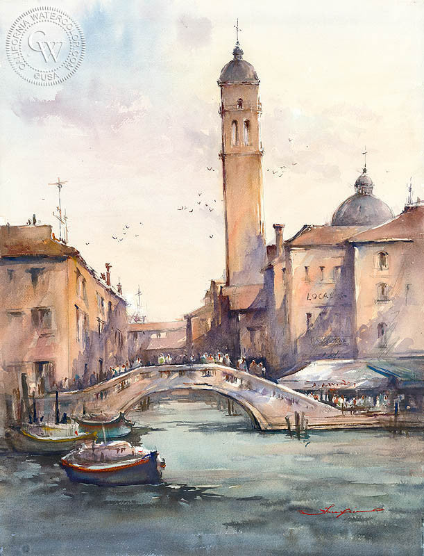 Church Tower Venice, watercolor painting by Shuang Li (American art). Original painting and fine art giclée reproduction by California Watercolor for wall decor.