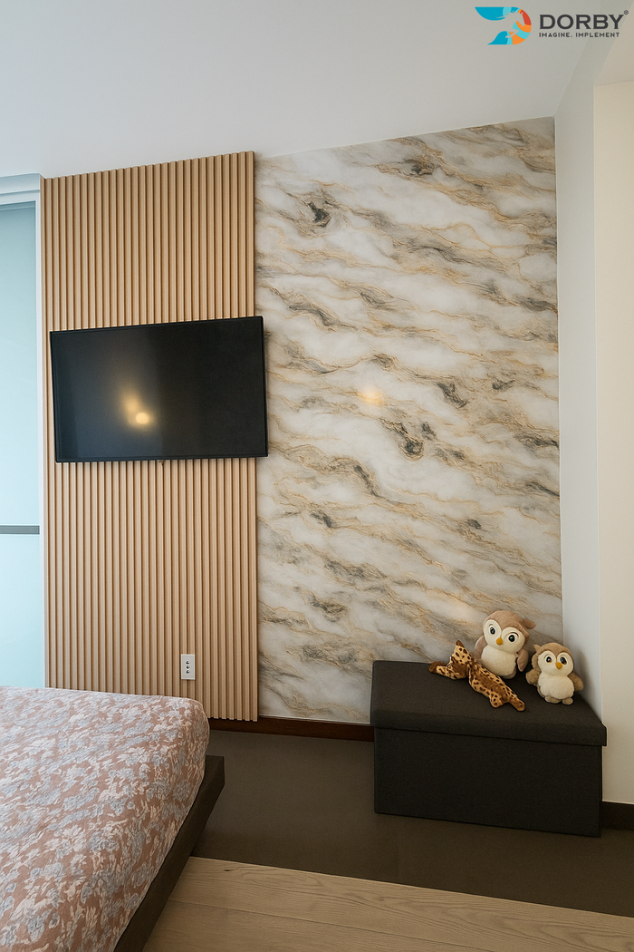 Modern bedroom with marble wall, wooden panel, and TV.