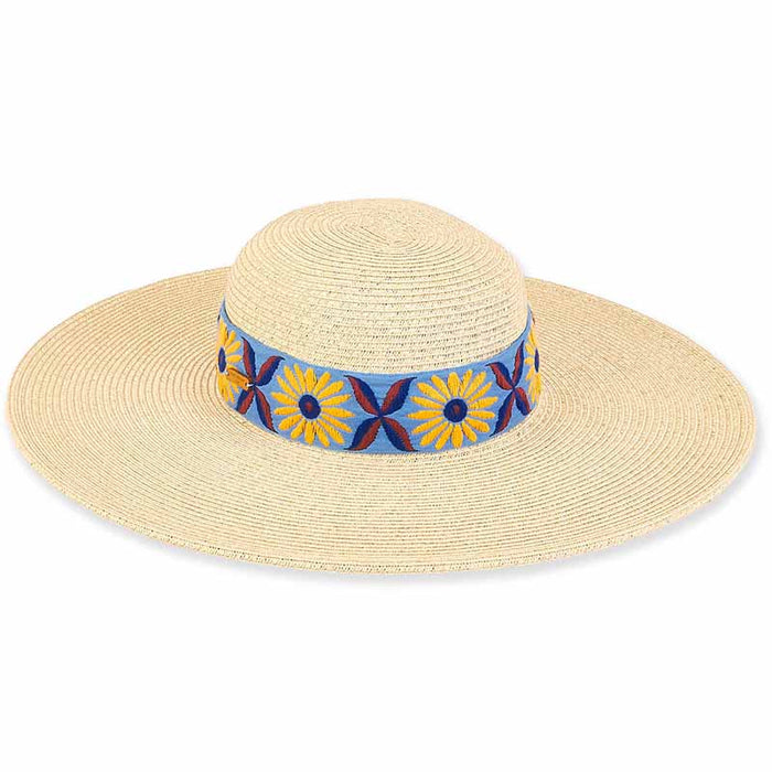 Cole Sunflower Embroidered Beach Hat - Caribbean Joe® Wide Brim Sun Hat Caribbean Joe HCJ186A nt Natural Medium (57 cm)