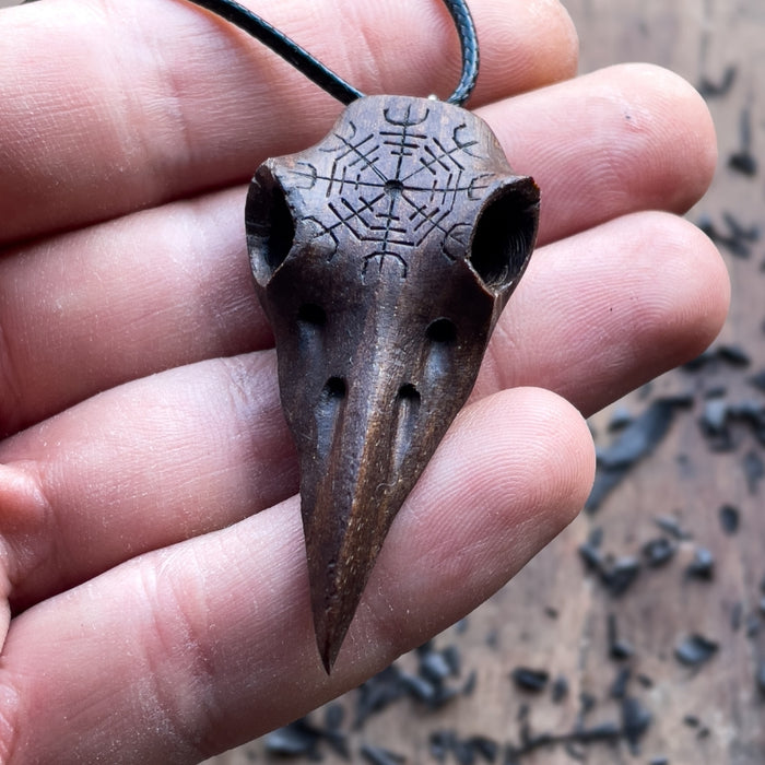 vkngjewelry Pendant Handcarved Unique Walnut Wood Raven Skull Aegishjalmur Pendant