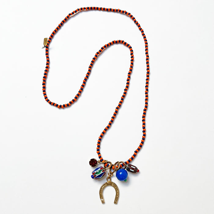 Collage Necklace: Navy Blue & Orange with Horseshoe (JU7)