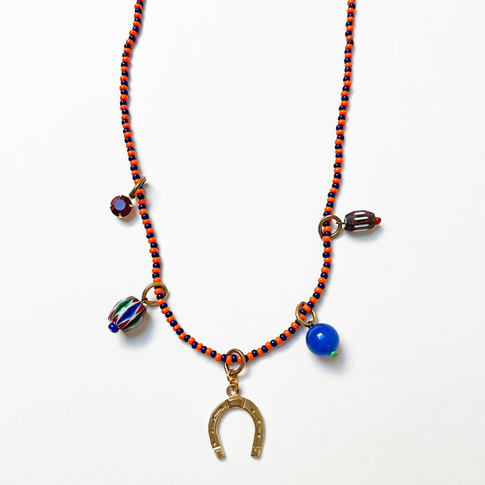 Collage Necklace: Navy Blue & Orange with Horseshoe (JU7)