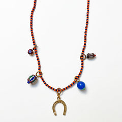 Collage Necklace: Navy Blue & Orange with Horseshoe (JU7)