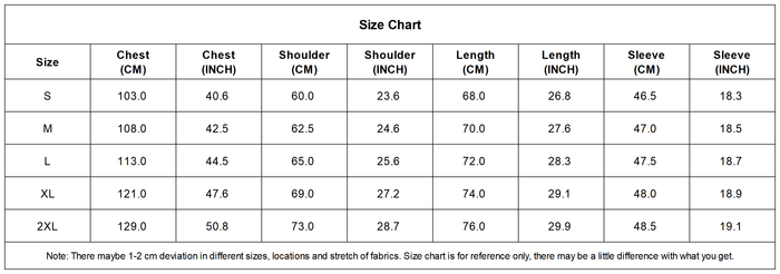Size chart for clothing measurements in centimeters and inches