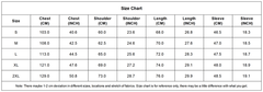 Size chart for clothing measurements in centimeters and inches