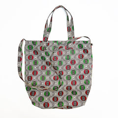 Cotton Print Market Tote: Green & Red Geometric