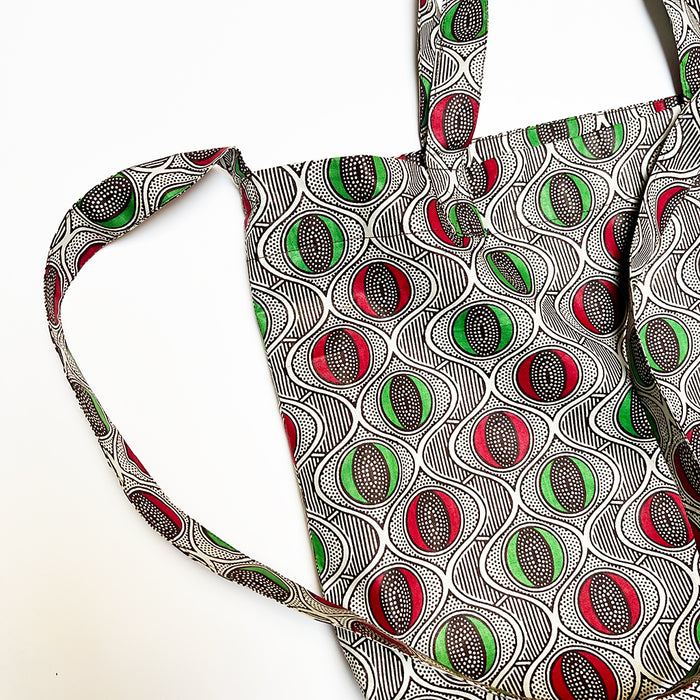 Cotton Print Market Tote: Green & Red Geometric
