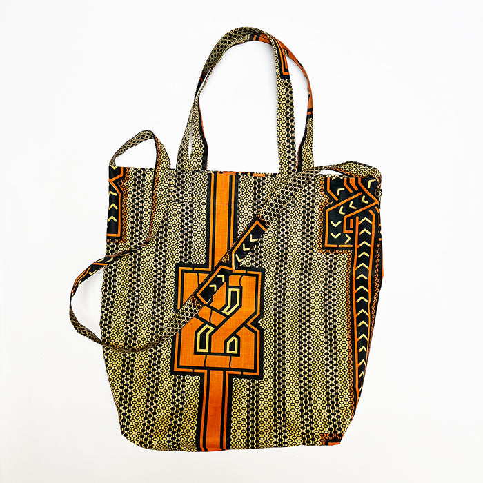 Cotton Print Market Tote: Orange & Navy Geometric