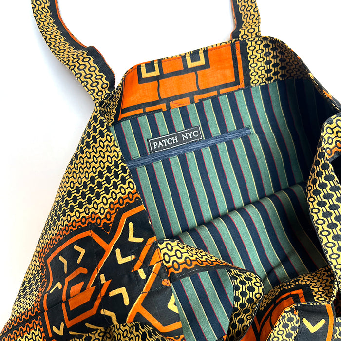 Cotton Print Market Tote: Orange & Navy Geometric