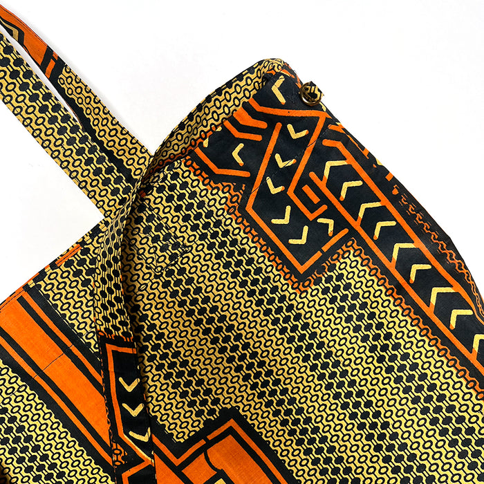 Cotton Print Market Tote: Orange & Navy Geometric