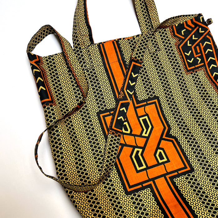 Cotton Print Market Tote: Orange & Navy Geometric