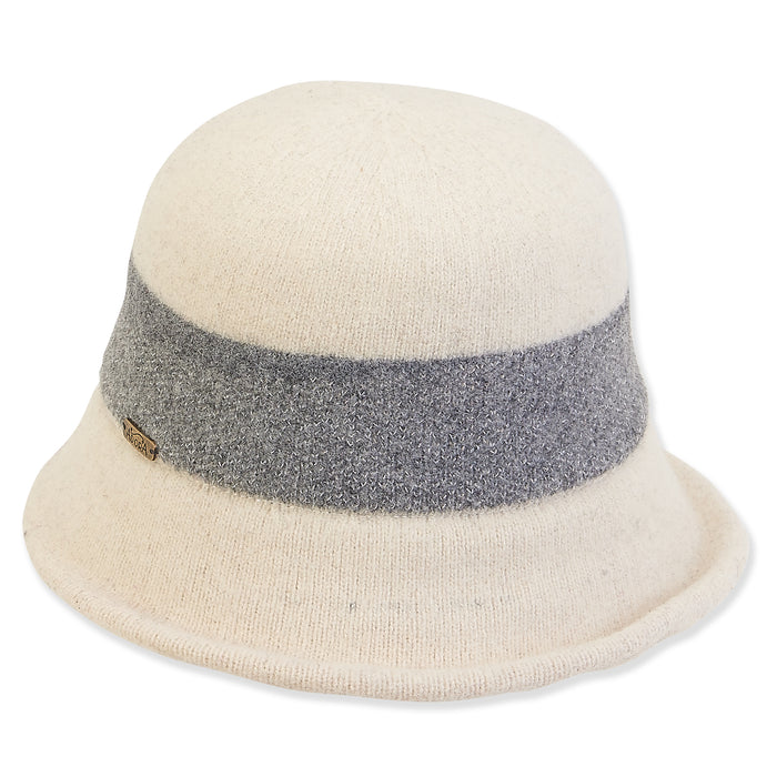 Curled Brim Wool Cloche with Metallic Detail Stripe - Adora Hats Cloche Adora Hats AD1073B Ivory M/L (58 cm)