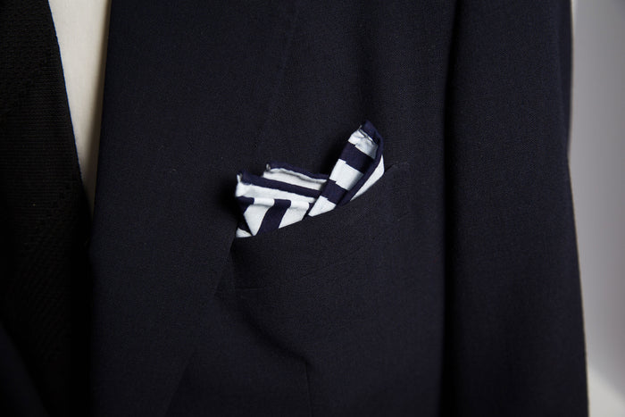 Delightful Navy and White Floral and Stripes Cotton Pocket Square by Put This On