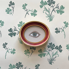 Don Carney Blue Left Eye - Art Print in Vintage Cream, Plum Red & Gold Oval Frame