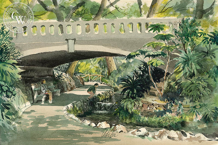 Ferndell, Griffith Park, L.A., 1971, watercolor painting by Jake Lee (American art). Fine art giclée print reproduction by California Watercolor for wall decor.