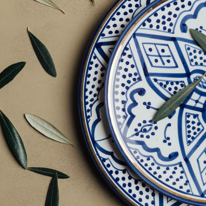 Fez Royal Azure - Moroccan Dinnerware Set with 12 Carat Gold Accents - Benisouk
