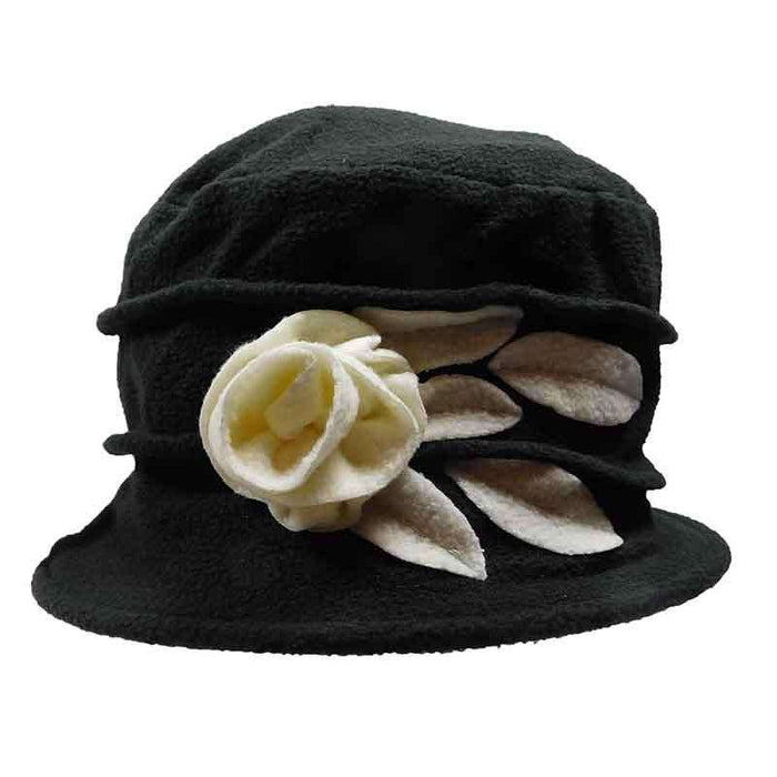 Fleece Beanie with Flower and Leaf Accent by JSA for Women Beanie Jeanne Simmons Accessories js7382BK Black