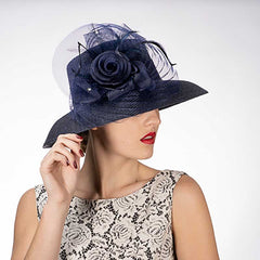 Flower with Pleats Down Brim Church Hat, Ice Blue - KaKyCO Dress Hat KaKyCO