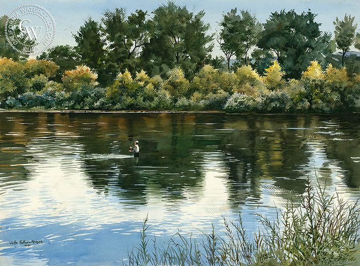 Fly Fishing, watercolor painting by John Bohnenberger (American art). Original painting and fine art giclée reproduction by California Watercolor for wall decor.