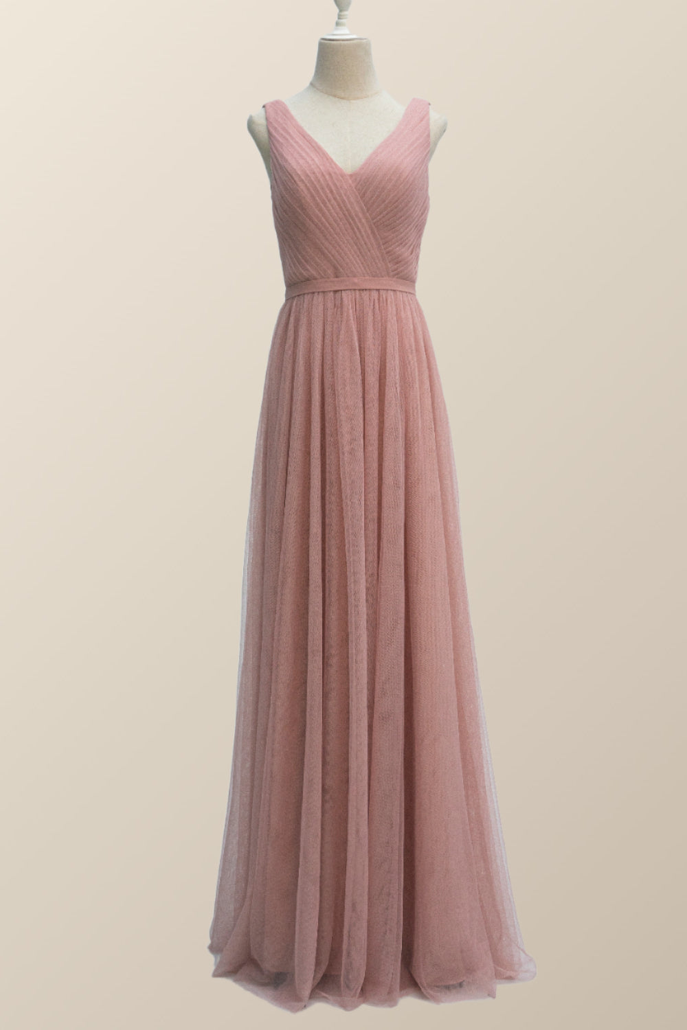 V Neck Plush Pink Tulle Long Bridesmaid Dress