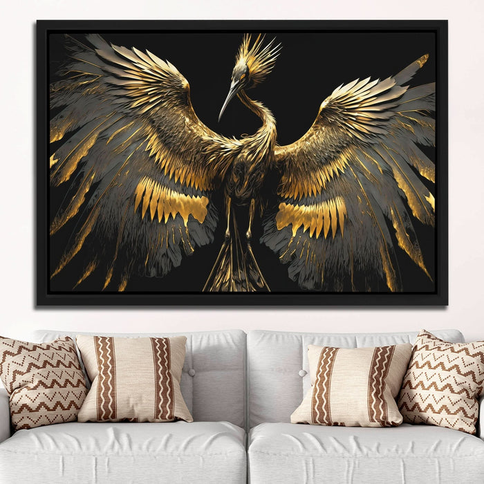 Gold Crane Dance - Wall Art in Black Frame