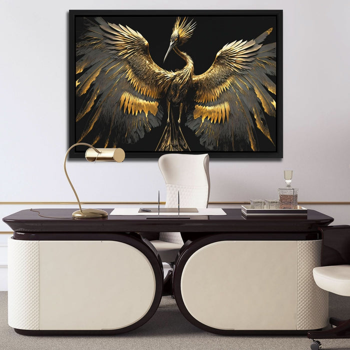 Gold Crane Dance - Black Canvas Wall Art