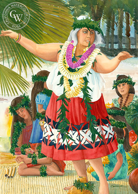 Hawaiian Hula Teacher, watercolor painting by Steve Santmyer (American art). Original painting and fine art giclée reproduction by California Watercolor for wall decor.
