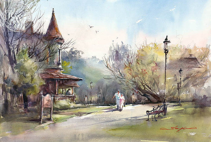 Heritage Park, watercolor painting by Shuang Li (American art). Original painting and fine art giclée reproduction by California Watercolor for wall decor.