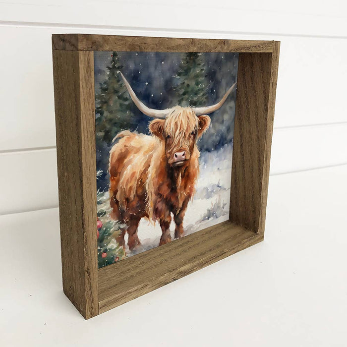Highland Cow Christmas Tree - Framed Holiday Animal Canvas: 11x11" Small Canvas Art with Wood Box Frame