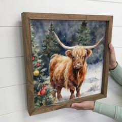 Highland Cow Christmas Tree - Framed Holiday Animal Canvas: 11x11" Small Canvas Art with Wood Box Frame